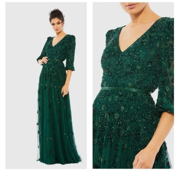 Mac Duggal Green Embellished V Neck 3/4 Sleeve A Line Gown - Picture 1 of 8